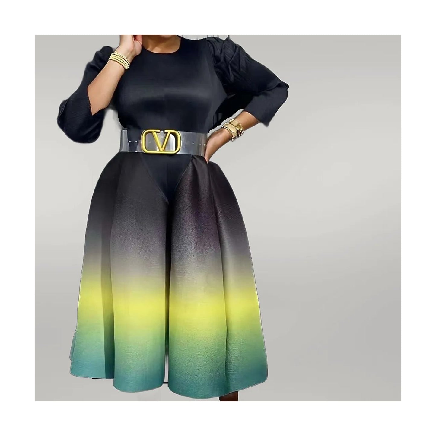 PLEATED LONG SLEEVE A LINE DRESS