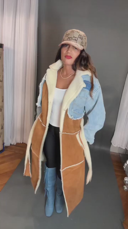 PATCHWORK DENIM & SHEARLING COAT