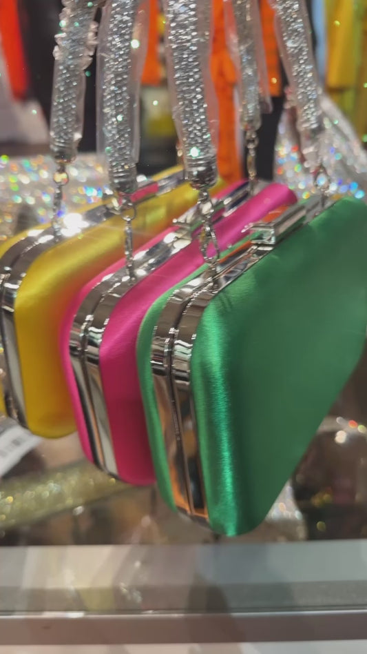 SATIN PARTY CLUTCH RHINESTONE HANDLE