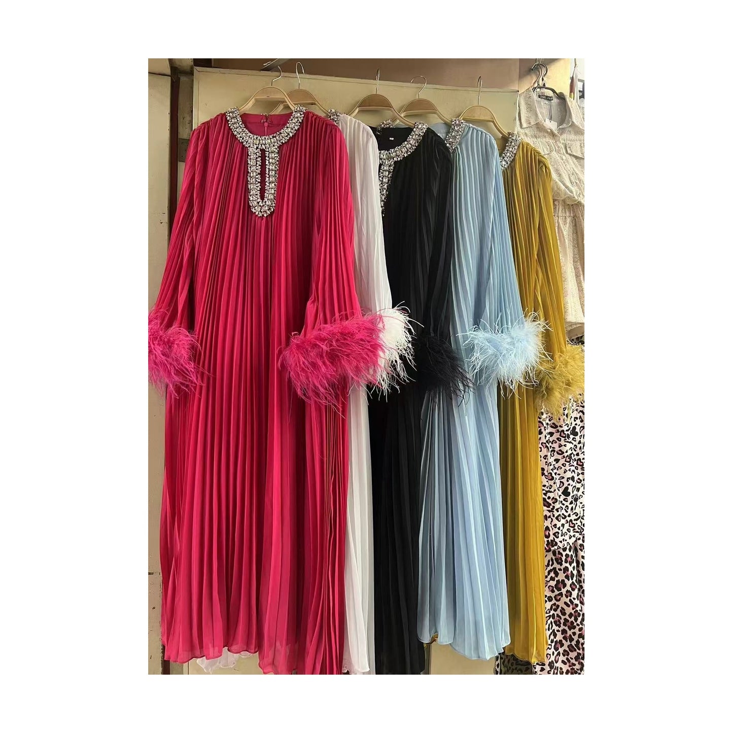 RHINESTONE EMBELISHED DRESS WITH FEATHER
