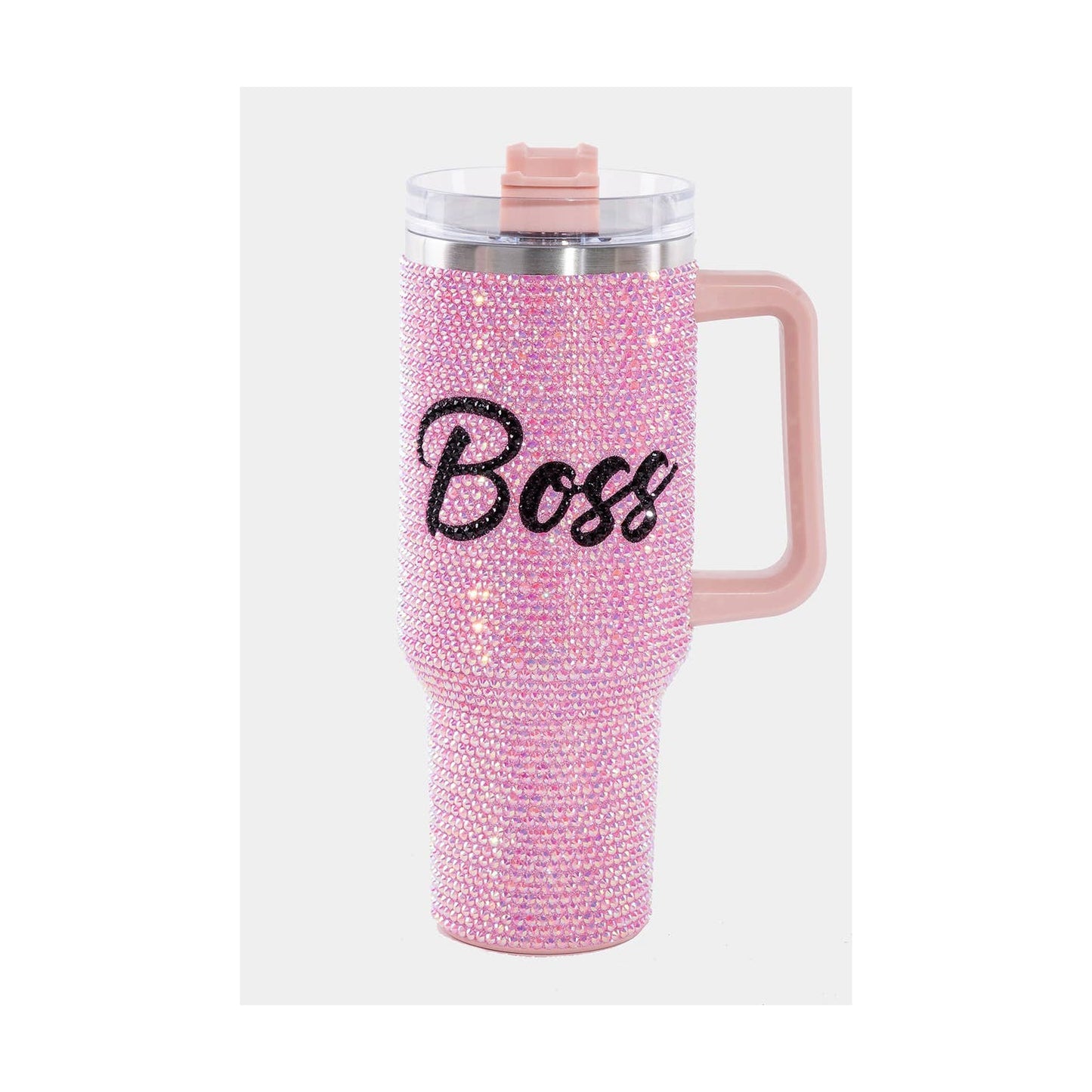 Rhinestone Studded Boss Print Tumbler Cup: PINK