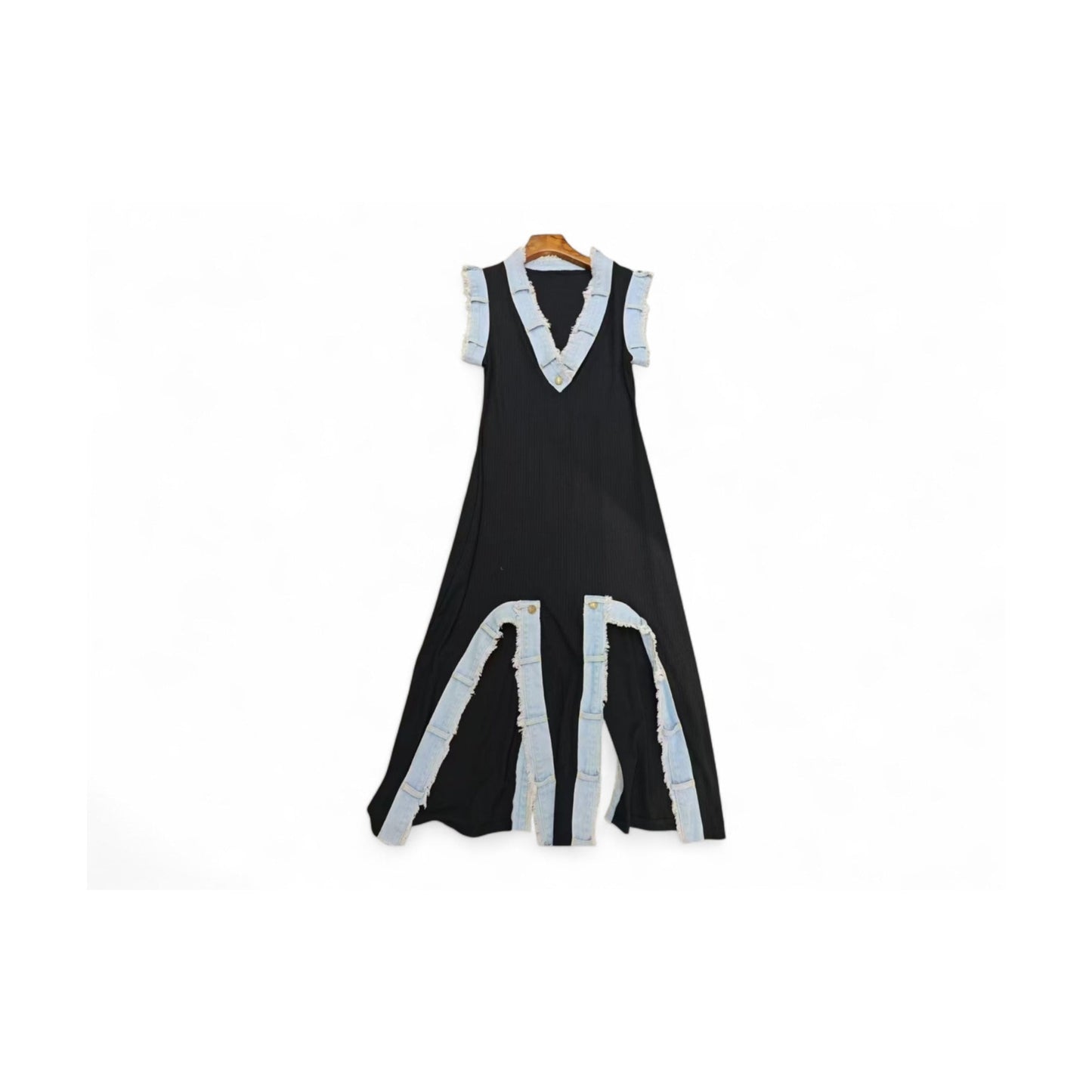 V CUT BLACK AND DISTRESSED DENIM DRESS
