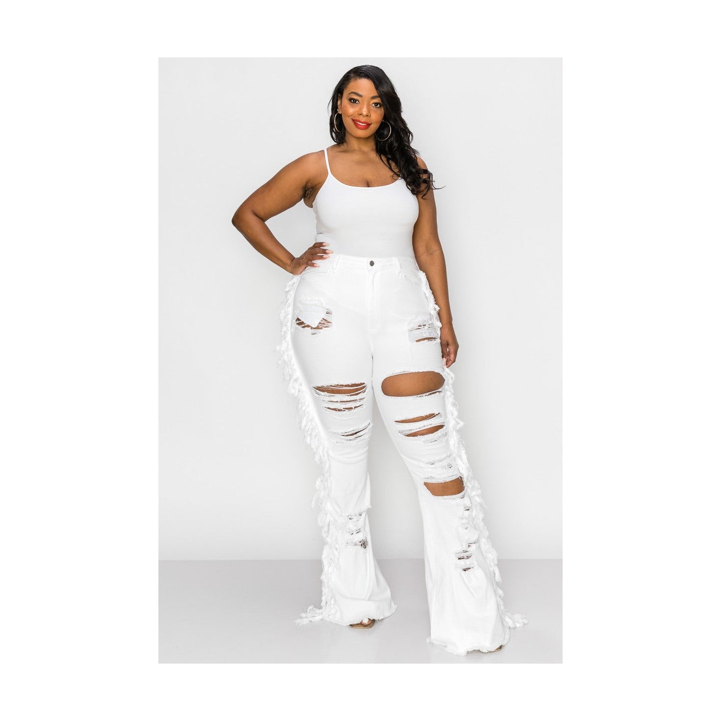 WHITE DISTRESSED FRINGE JEANS