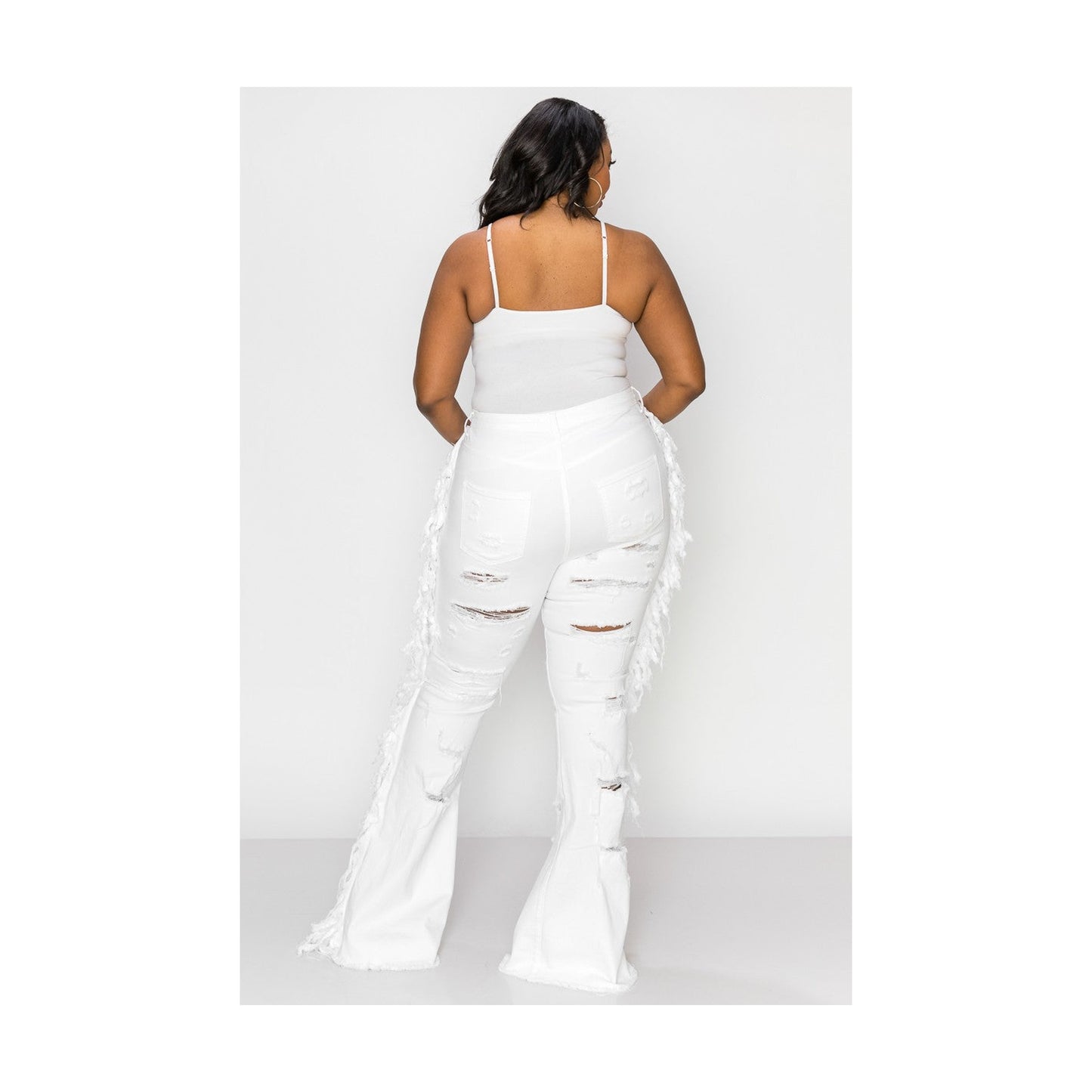 WHITE DISTRESSED FRINGE JEANS