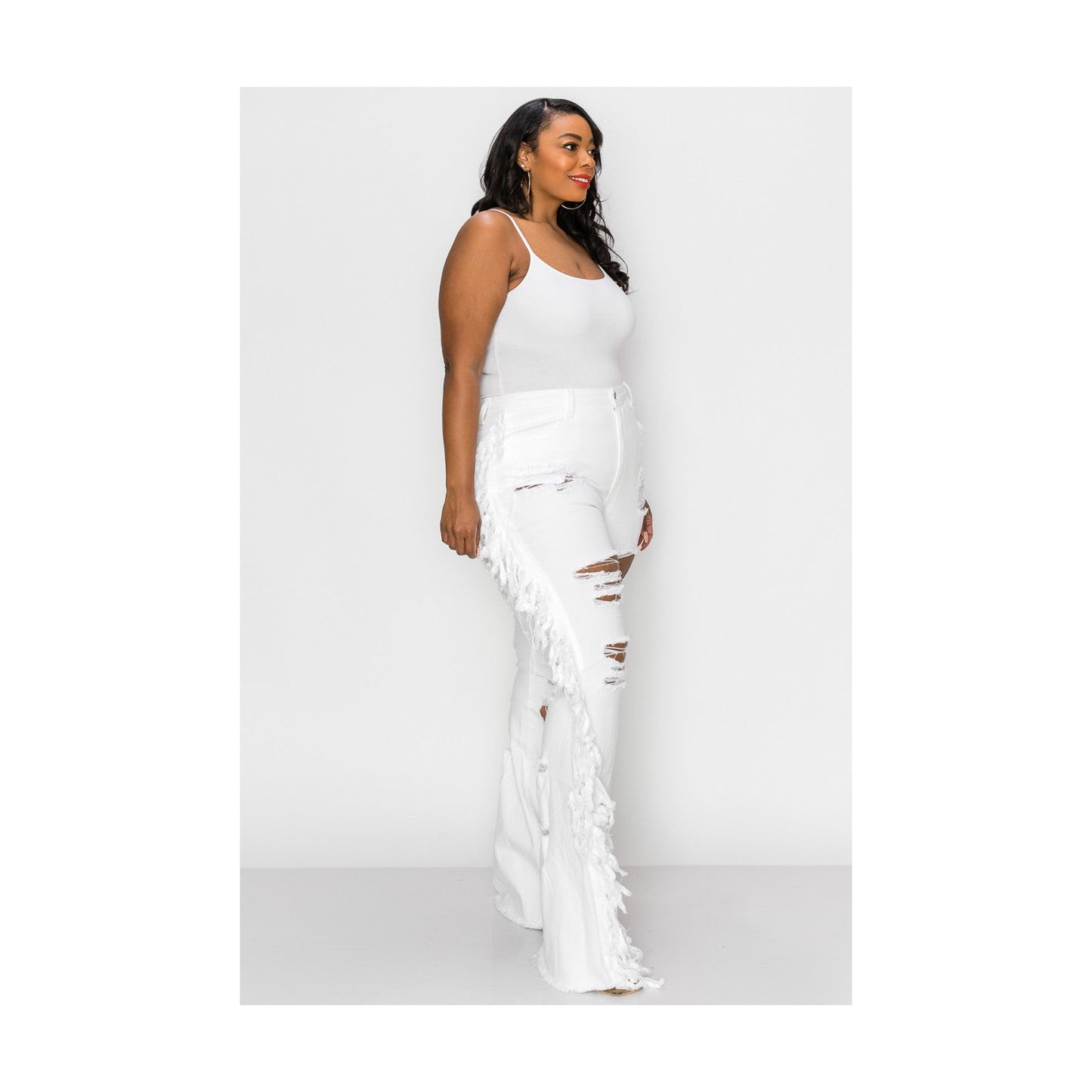 WHITE DISTRESSED FRINGE JEANS