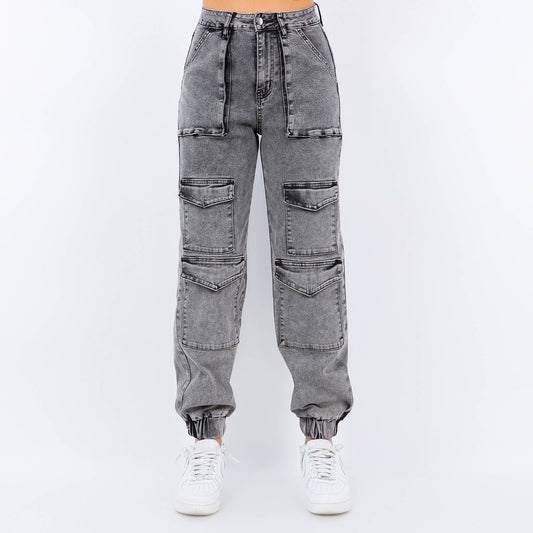 ACID WASH MULTI POCKET DENIM JOGGERS